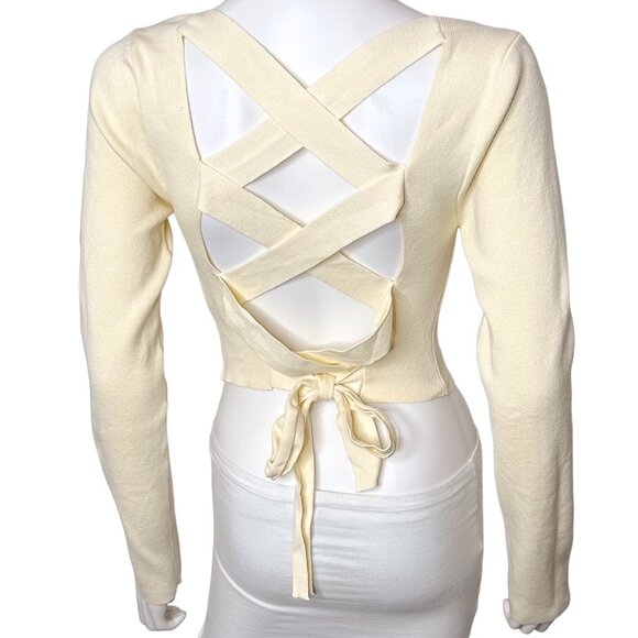 Le Lis Lace-Up Back Square Neck Cropped Knit Sweater Top in Cream Yellow Size M - Picture 4 of 15